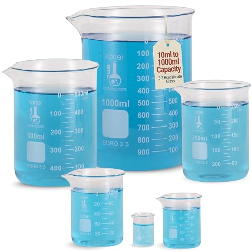 Karter Scientific, 3.3 Boro, Griffin Low Form, Glass Beaker Set - 6 Sizes - 10ml, 50ml, 100ml, 250ml, 500ml, 1000ml
