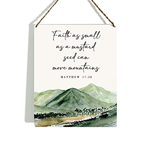 Bible Verse Wall Decor Wooden Hanging Sign, Christian Wall Decor, Faith As Small As A Mustard Seed Can Move Mountains Matthew 17:20, Scripture Wall Art Decor for Farmhouse Home Office, 8 x 10 Inches