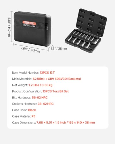 Image of VEVOR Torx Bit Socket Set, 13-Piece Star T8 - T60 Set, S2 Alloy Steel and Cr-V Steel, 1 /4 in, 3 /8 in, and 1 /2 in Drives, with Enhanced Storage Case, Torx Sockets for Hand Use, Mechanics, Auto Repair