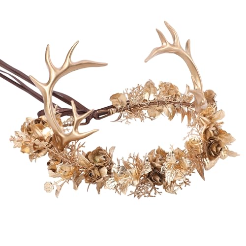 KorViSHOW Gold Fairy Antler Crown Golden Forest Woodland Elf Deer Horns Flower Headband Fantasy Renaissance Elven Floral Headpiece for Women Renfaire Outfit Hallween Costume Cosplay Accessories