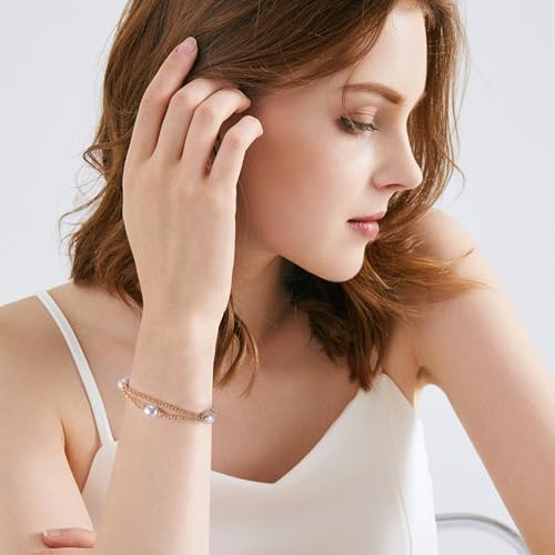 Image of Gold Pearl Bracelet for Women, REAL 14K Gold Plated Double Layered Dainty Pearls Bracelet, Elegant Stackable Flower Jewelry Gift for Her with OT Clasp