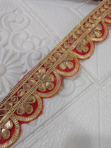 Image of Designer Golden Zari Lace Border for Ethnic Dress Blouse Saree Dupatta Lehenga Chunri Craft Decoration Sewing Embroidery Decorative Trim Roll Red and Gold (RM-LACE47-1)