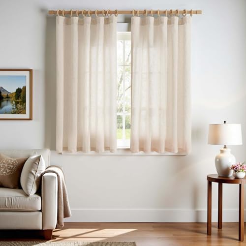 TOPICK Cortinas con Cinta Fruncida Lino Opacas Aspecto de Salón Dormitorio Estilo Rústico Color Crudo Juego de 2 Unidades 140 x 145 cm