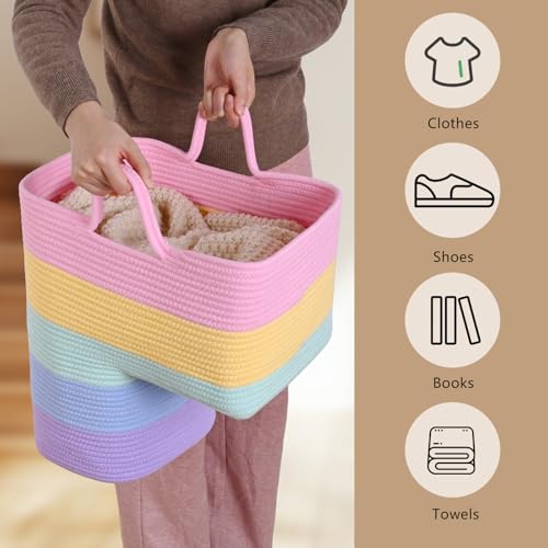 Image of Stair Basket for Wooden & Carpeted Stairs, Foldable Cotton Rope Step Basket with Handles, Staircase Storage Organizer, Fog Grey, 15 inch Lx 10 inch W x 15 inch H