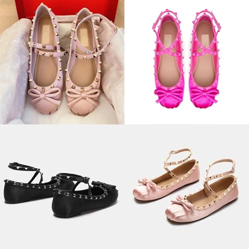 Keilinia Women's Satin Mary Jane Ballet Flats,Bow Studded Strap Ankle Buckle Square Toe Soft Comfort Casual Dress Shoes4