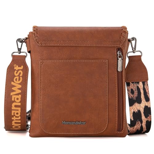 Image of Montana West Crossbody Bags for Women with Dual Compartments Western Cross Body Purse with Leopard Print Guitar Strap