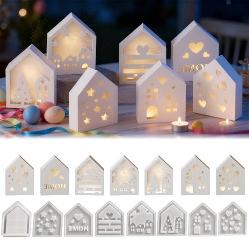 8PCS Silikonformen Gießformen Häuser TREABEAR, Silikonformen Häuser, Kerzenformen Zum Gießen, Gießform Häuser,Gießform Kerzenhalter Haus,DIY Silikonform Häuser mit Herzen Weihnachtsbaum Sterne Fenster