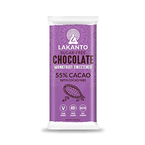 Lakanto Sugar-Free Chocolate Bars, 55% Dark Cacao, Keto (Cocoa Nibs, 3 Ounce)