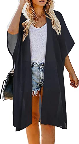 Image of Indian Trendy Women's Solid Puff Sleeve Kimono Long Cardigan Loose Cover Up Casual Blouse Top Chiffon