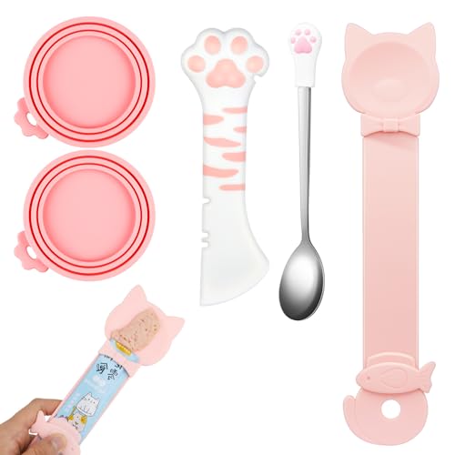 Aecsze 5 PCS Cat Food Can Covers Lids Set Silicone Pet Food Can Lids with Multi-Function Cat Food Spoon and Opener Cat Bar Squeezer Stainless Steel Wet Food Spoon for Cats and Dogs (Pink) (Pink)
