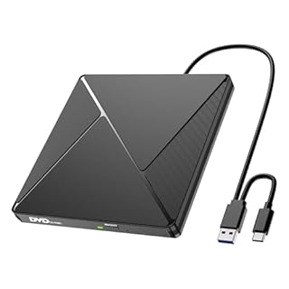Lecteur CD/DVD Externe pour PC, USB 3.0 et USB-C Graveur DVD Externe Optique Portable CD/DVD -/+RW Drive, Mince DVD Player Transmission Rapide Câble USB Intégrée pour Windows/MacOS/Laptop/Desktops