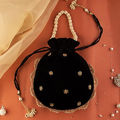 Shubham's Zari Handcrafted Wedding Drawstring Potli Embroidered Embellish Evening Luxury Purse Handbag For Woman, Black, Length- 10 Inches / Width- 8 Inches #TOP4