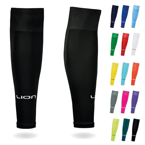 LION SPORTSWEAR Football Sock Sleeves To Accompany Grip Socks - Fits Over Calf/Shin Pads - Variety Of Colours To Match Your Team Kit (Black)