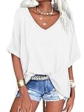 Langwyqu Women's Oversized T Shirts V Neck Short Sleeve Summer Casual Loose Tops Tees White