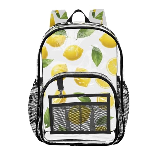 Kids Backpack for Girls Yellow Lemons Green Leaves White Clear Backpack Women Cute See through Approved Bag
