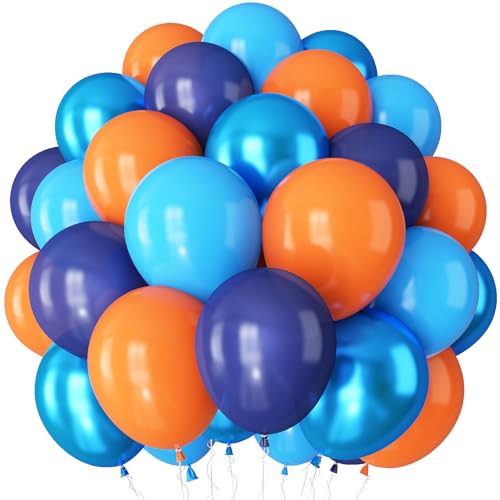 Image of Orange and Blue Balloons, 60 Pcs 12Inch Navy Dark Light Metallic Blue and Matt Orange Latex Helium Balloon for Cartoon Kids Boy Men Birthdays Graduation Baby Shower Basketball Theme Party Decorations