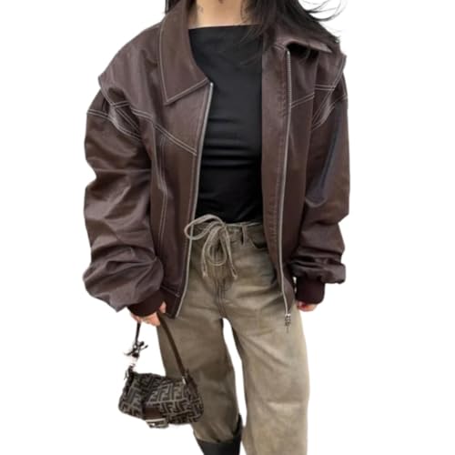 DSAoTeng Chaqueta bomber de cuero de gran tamaño con cremallera para mujer, estilo motociclista, estilo vintage, estilo motociclista, café, S