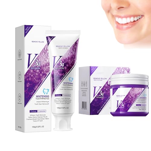 Hppsctink 2pcs Pasta Dentífrica, 100g v34 Pasta de Dientes Púrpura y 50g v34 Polvo Dentífrico, Polvo Dental Blanqueador, Dientes Blancos, Limpieza de Olores y Sarro, Aliento Fresco, toothpastes