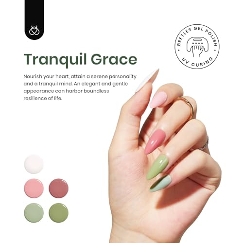 Image of Beetles Summer Gel Polish Set - 6 Colors Sage Olive Green Pink White Gel Polish Set Tranquil Grace Collection UV Nails Manicure Art Design