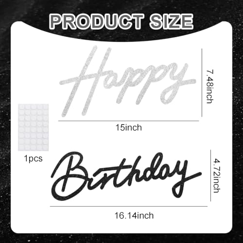 Image of TONIFUL Happy Birthday Sign for Backdrop - Glitter Black Silver Felt Banner - Includes Dot Glue - Perfect for Birthday Party Backdrop,Wall Decr,Balloon Arch,Photo Background