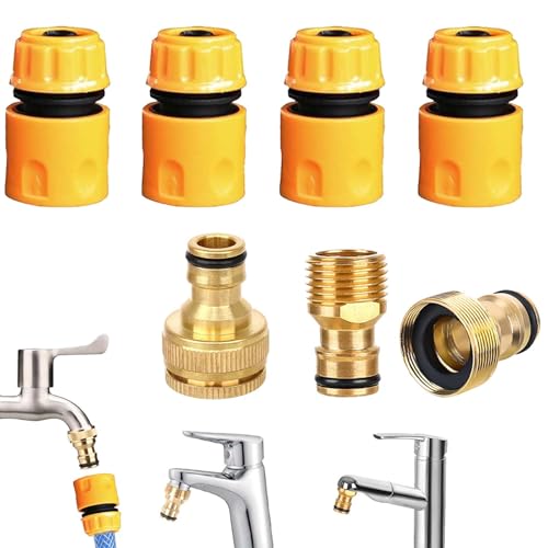 TREABEAR Juego de 7 Conectores de Manguera de Jardín, Adaptador de Grifo 1/2 y 3/4 2 en 1, Manguera de Latón de 1/2 Pulgadas, Acoplamiento Para 22 mm y 24 mm