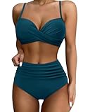 SUUKSESS Women Twist High Waisted Bikini Push Up Two Piece Swimsuits Sexy Bathing Suits (Peacock Blue,M)