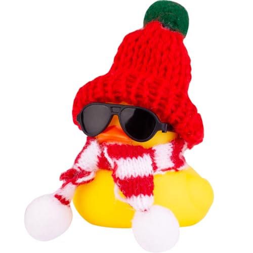 MuMyer Christmas Rubber Ducks Toys Car Ornaments Yellow Duck Car Dashboard Decorations with Mini Beanie Hat Scarf and Sunglasses for Winner Home Christmas Decor, 2 Inches(E3)