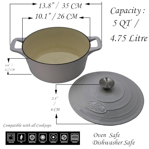 Image of La Cuisine Enameled Cast Iron Dutch Oven Casserole Pot with Lid, 5 QT 10.5 inch / 26cm O, For GalssTop Stove Oven-Safe PFOA Free Glossy Cream White Interior Glossy White Exterior