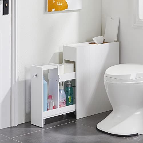Yaheetech Slim Bathroom Floor Cabinet, Narrow & Compact Bathroom Organizer with Drawer & Slide Out Shelf, Freestanding Storage Unit with Wheels, White