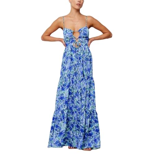 Women Summer Sleeveless Spaghetti Straps Cross Tie-Up Front Hole Floral Print Cutout A-Line Slip Long Beach Dress E L