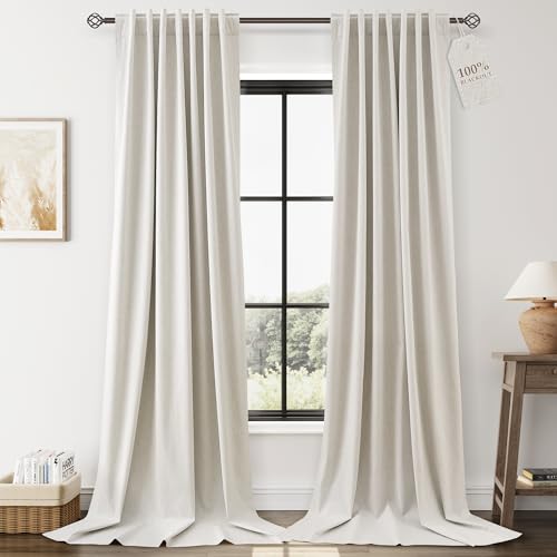 Image of Cream 100% Blackout Linen Curtains 120 Inches Long for Bedroom Back Tab Room Darkening Black Out Curtain Modern Farmhouse Decor Neutral Luxury Floor to Ceiling Drapes for Living Room 52x120,2 Panels