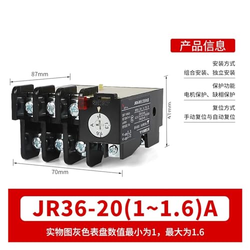 Relé de protección sobrecarga térmica JR36-20 interruptor térmico contactor 1-1.6A 2