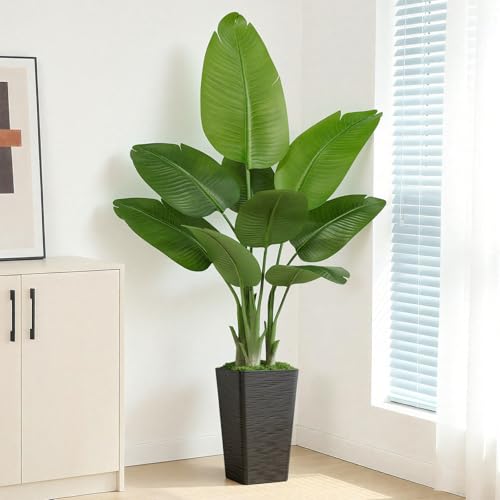 Image of Lifelike Bird of Paradise Artificial Plant 5ft Faux Banana Leaf TRE with Black Tall Wavy-Textured Planter for Home Decor- perect Indoor Silk Floor Plant for Living Room Office Ambianc Enhancement