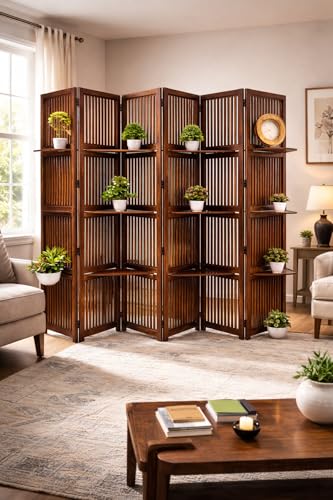 Image of Wooden Partition Divider for Living Room, Partition Wall, Privacy Divider, Freestanding Folding Panels for (6 Feet 5 Panel with 3 Shelve) (6 Feet 6 Panel Brown Melamine with Shelves)