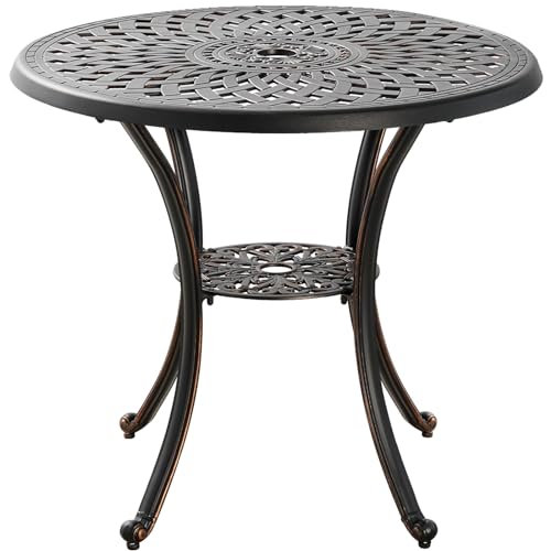 Image of Outdoor Table Patio Table with Umbrella Hole, Round Bistro Table for Lawn Garden, All Weather Metal Black Patio Dining Desk (31.5 inch, Round)