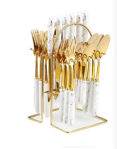Image of Artek Stainless Steel Spoons, Forks & Knives Set of 24 with Stand and Ceramic Handle Golden Cutlery Set (White)