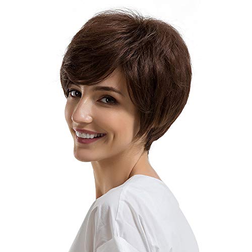 FAMILIZO Pelucas Mujer Pelo Natural Largo Corto Postizos De Pelo Natural Hombres Mujeres Naturales De Textura Corta Brownhair Pelucas Peluca De Pelo Humano Pelucas Ligeras