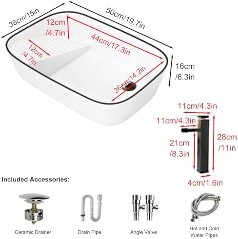 White Ceramic Laundry Sink with Washboard, Above Counter Bathroom Sink Set with Faucet, Drain Pipe & Drainer - Ideal for Balconies & Laundry Rooms (60x38x16cm)