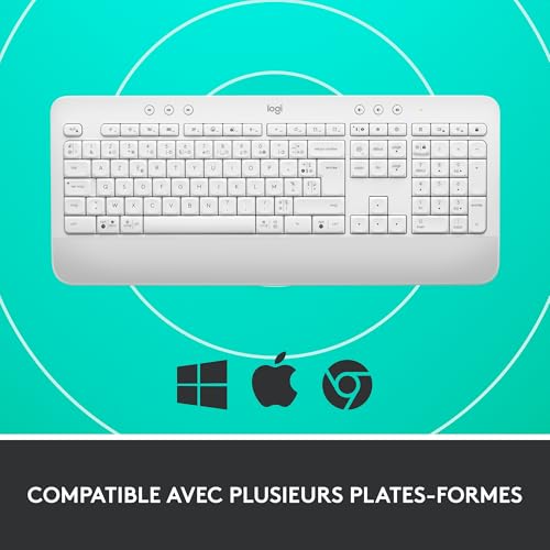 Logitech Signature K650, Clavier sans fil Ergonomique Entier avec Repose-Poignets, BLE Bluetooth, USB Logi Bolt, Touches Silencieuses Pavé Numérique, Compatible PC/Windows/Mac, AZERTY Français - Blanc
