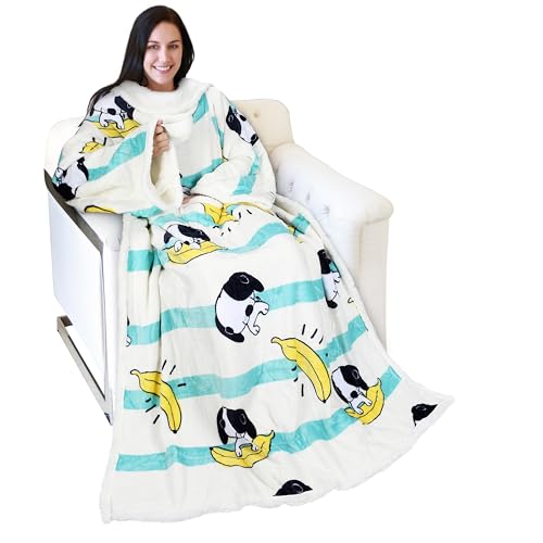Image of Catalonia Sherpa Wearable Blanket with Sleeves Arms, Comfy Sleeved TV Wrap Blanket, Large Snuggly Throw for Women and Men, Gift for Her, Banana Dog