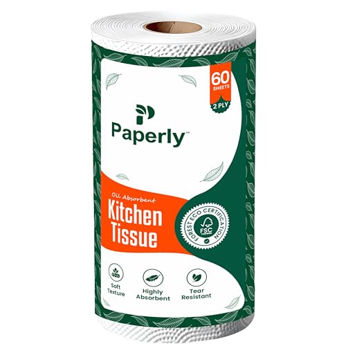 Image of Kitchen Tissue Paper Roll, 2-Ply Kitchen Towels Rolls for Home Hotel Catering Office | High Water & Oil Absorbency 100% Virgin Pulp, 60 Sheets Per Roll (60 Sheets (Pack of 9))