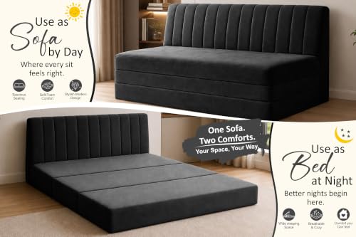 Image of 3-Seater Velvet Sofa Cum Bed | Convertible Sleeper Sofa | Modern Foldable Couch for Living Room, Bedroom & Office | Black
