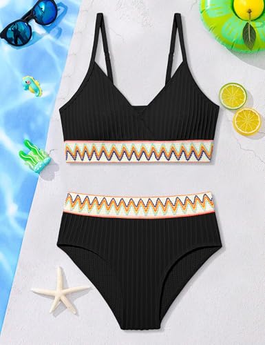 DONWEN Girls Swimsuits V Neck Bikini Set Textured High Waist Girl Two Piece Bathing Suit4