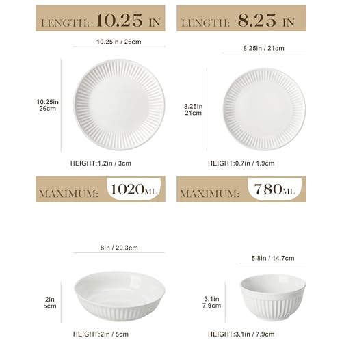 MALACASA 24-Piece Embossed Porcelain Dinner Set for 6, Includes Dinner Plates & Soup Bowls, Chip and Scratch Resistant, Microwave and Dishwasher Safe, Elegant White, Series Leila - Image 3