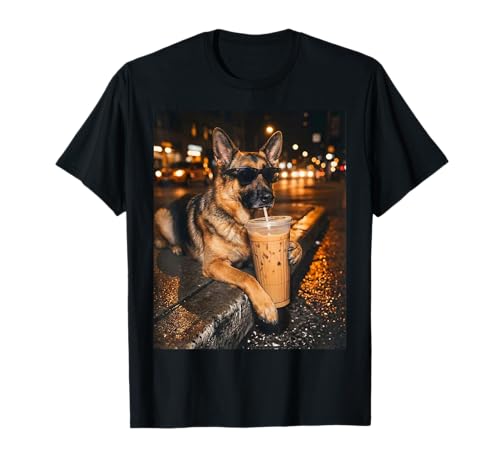 German Shepherd Drinking Iced Coffee Funny Dog Lover Meme T-Shirt