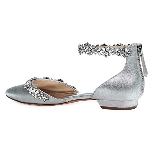Image of XYD Women Classic Pointed Toe D'Orsay Wedding Flat Sandals Sparkly Rhinestones Ankle Strap Low Heel Dress Shoes with Zipper
