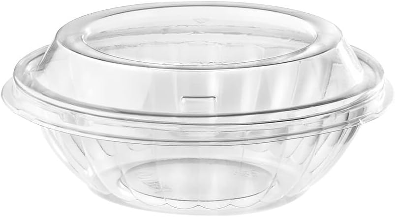 Clear Round 16 oz resq® Reversible Bowl Combo Pack (base & lid), 200 units/case. This premium, upscale, disposable to go container with dome lid is ideal for salads, side items, desserts/pastries.