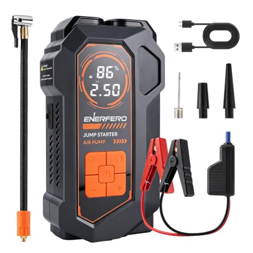 Inflador de Neumáticos 150PSI con Arrancador de Baterías 12V (6000mAh), Compresor de Aire Portátil para Coche con Pantalla LCD, Luz LED de Emergencia, Válido para Gasolina, Diésel (hasta 10L) y Moto