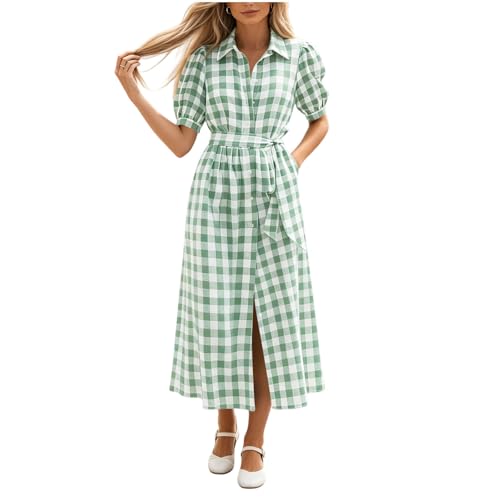 Image of Tnebdvcsk Gingham Shirt Dress for Women Belted Midi Length with Puff Short Sleeves Button Down Casual A Line Lightweight Summer Holiday Style Green