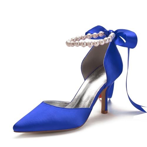 Image of Women's Pearl White Wedding Shoes for Bride High Heels Pointed Toe Bridal Shoes Satin Prom Party Dress Pumps Sandals